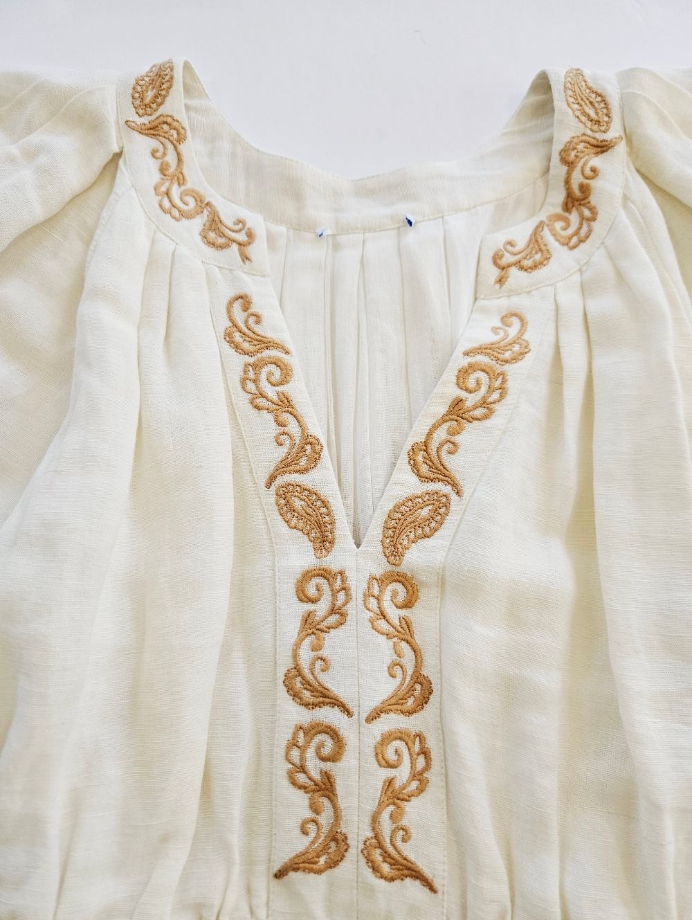 Cartolina Lizette Linen Blend Embroidered Belted Puff Sleeve Ivory Midi Dress M - Picture 9 of 16